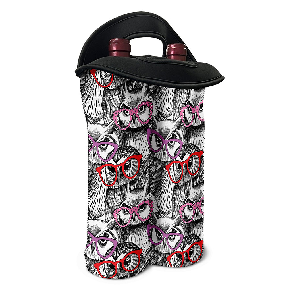 Owl With Glasses Pattern Print Double Neoprene Wine Tote