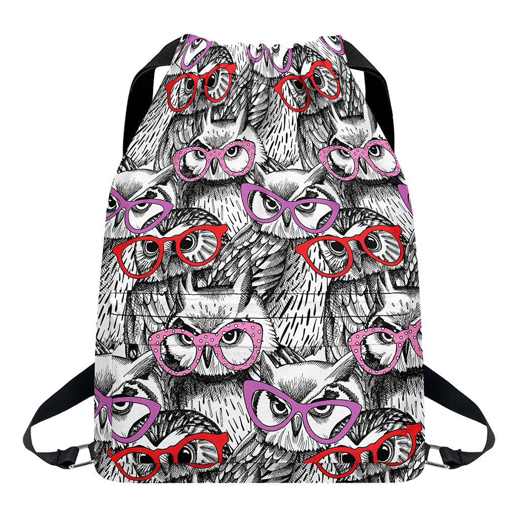 Owl With Glasses Pattern Print Drawstring Backpack