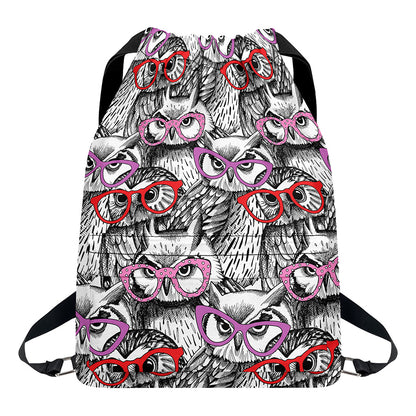 Owl With Glasses Pattern Print Drawstring Backpack