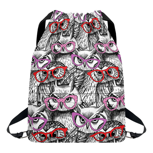 Owl With Glasses Pattern Print Drawstring Backpack