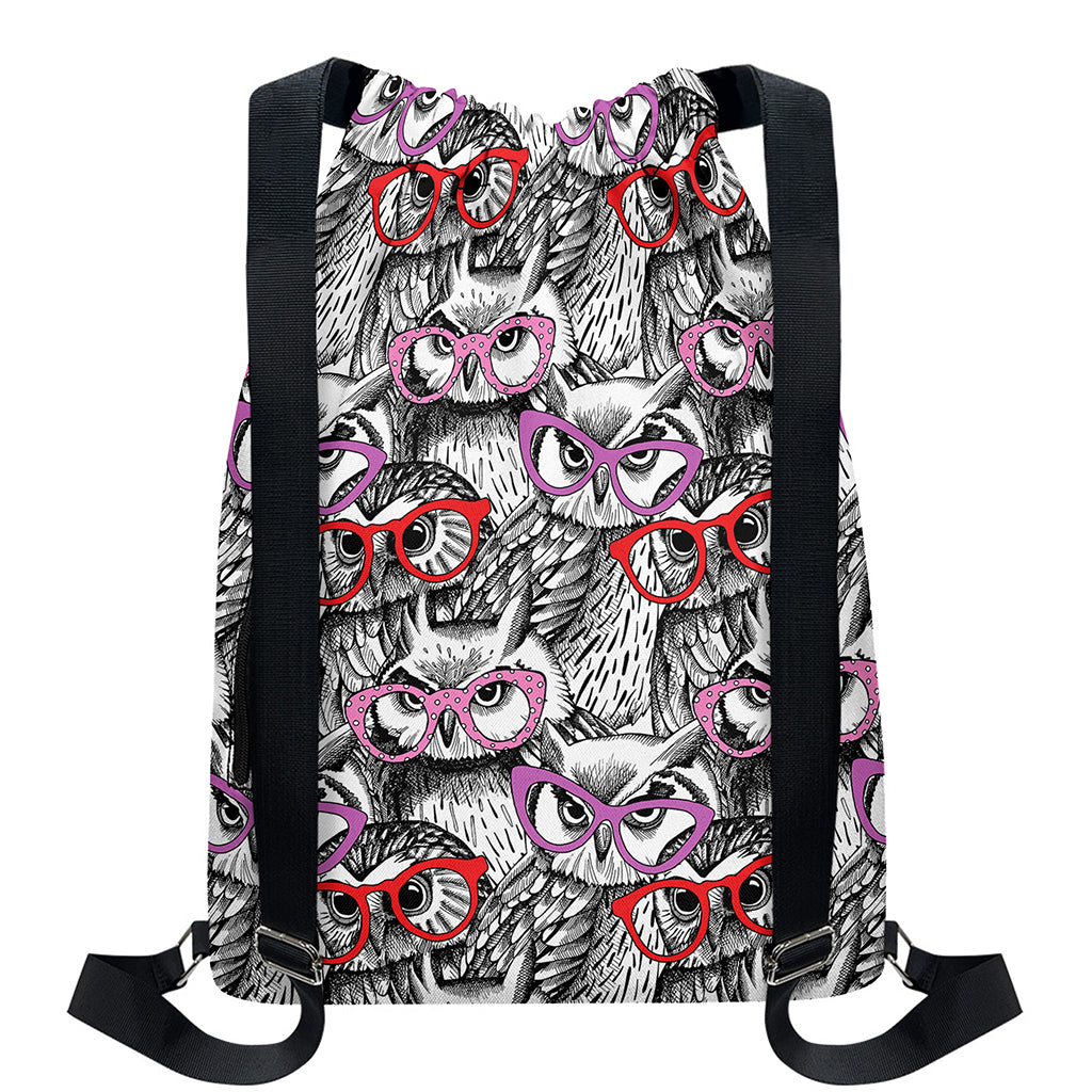 Owl With Glasses Pattern Print Drawstring Backpack