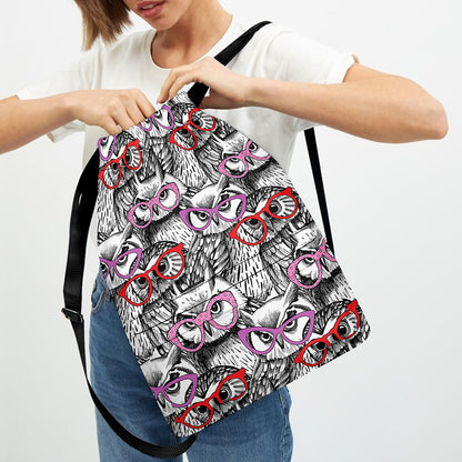 Owl With Glasses Pattern Print Drawstring Backpack