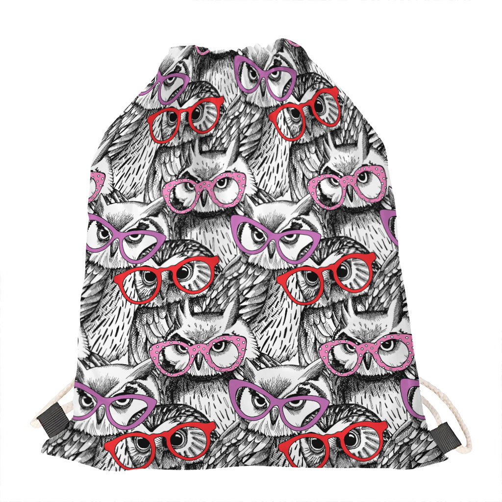Owl With Glasses Pattern Print Drawstring Bag