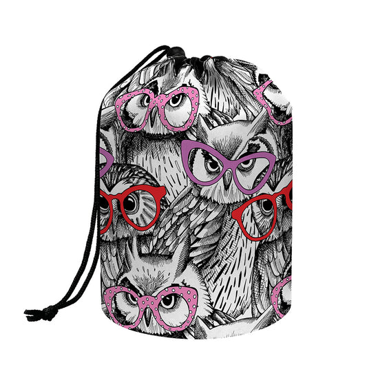 Owl With Glasses Pattern Print Drawstring Makeup Bag