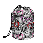Owl With Glasses Pattern Print Drawstring Makeup Bag