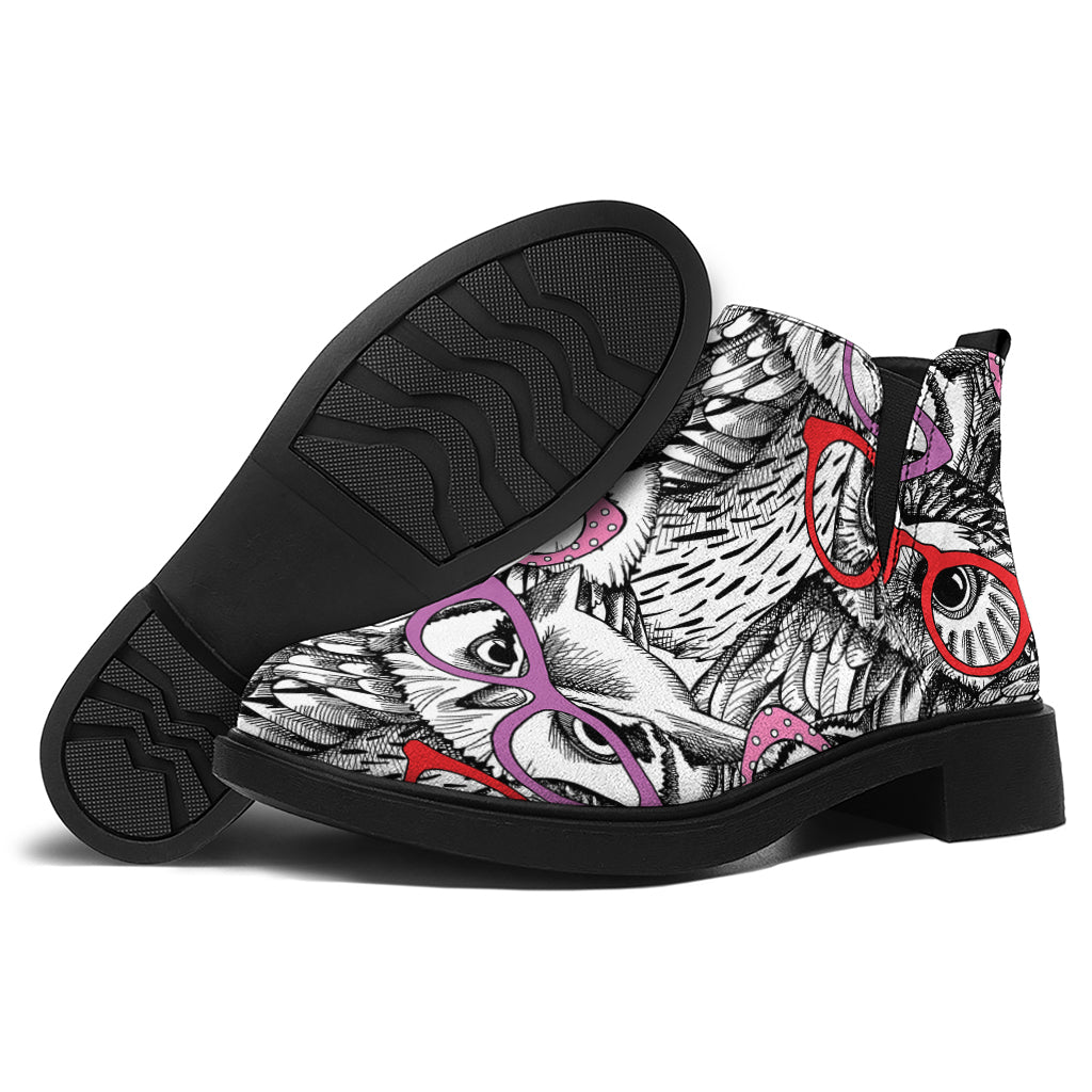 Owl With Glasses Pattern Print Flat Ankle Boots