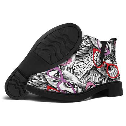 Owl With Glasses Pattern Print Flat Ankle Boots