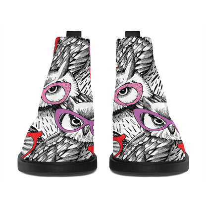 Owl With Glasses Pattern Print Flat Ankle Boots