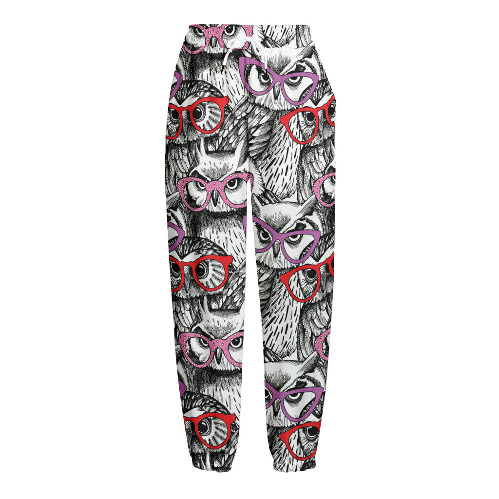 Owl With Glasses Pattern Print Fleece Lined Knit Pants