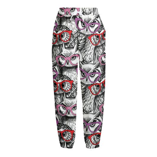 Owl With Glasses Pattern Print Fleece Lined Knit Pants