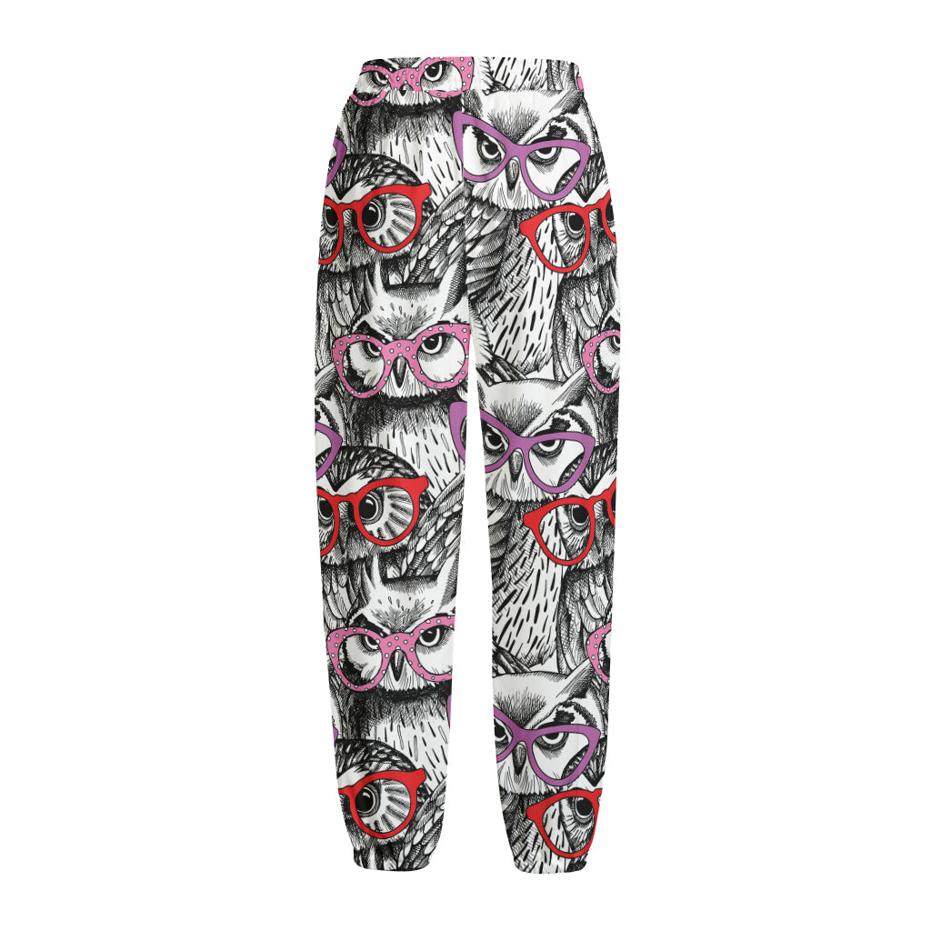 Owl With Glasses Pattern Print Fleece Lined Knit Pants