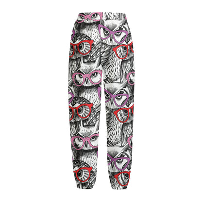 Owl With Glasses Pattern Print Fleece Lined Knit Pants