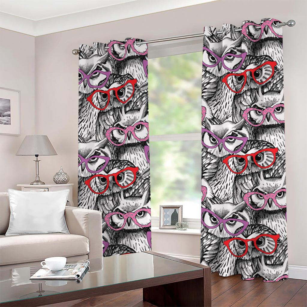 Owl With Glasses Pattern Print Grommet Curtains