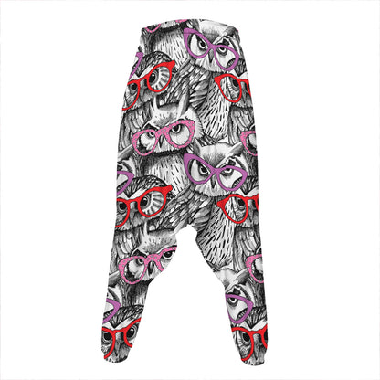 Owl With Glasses Pattern Print Hammer Pants