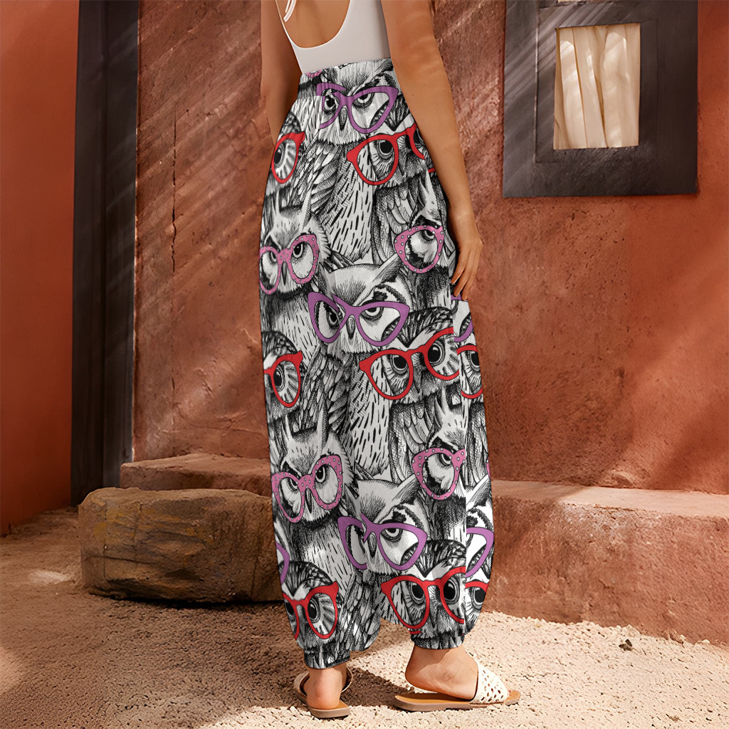 Owl With Glasses Pattern Print Harem Pants