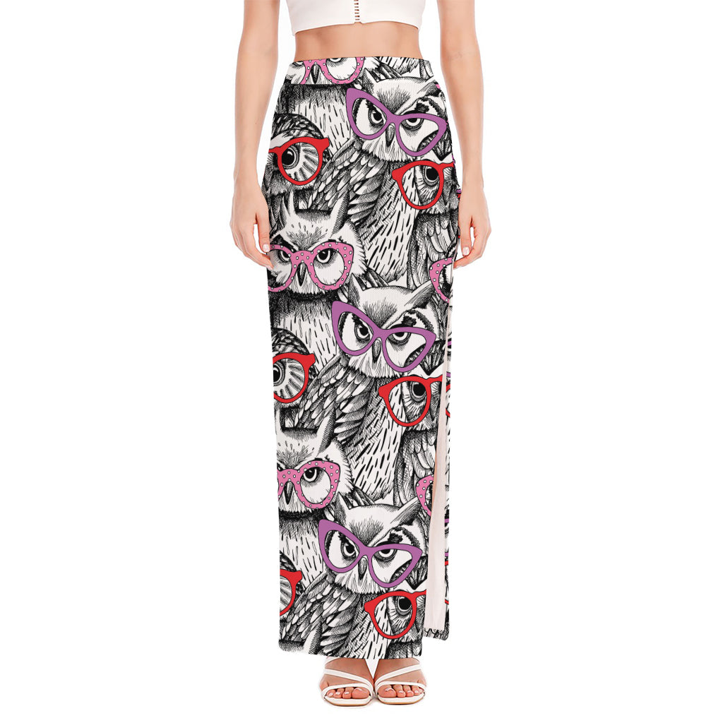 Owl With Glasses Pattern Print High Slit Maxi Skirt
