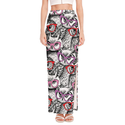 Owl With Glasses Pattern Print High Slit Maxi Skirt