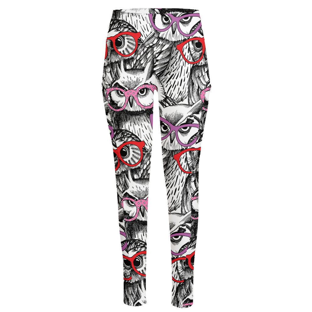 Owl With Glasses Pattern Print High-Waisted Pocket Leggings
