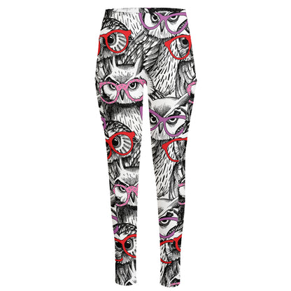 Owl With Glasses Pattern Print High-Waisted Pocket Leggings