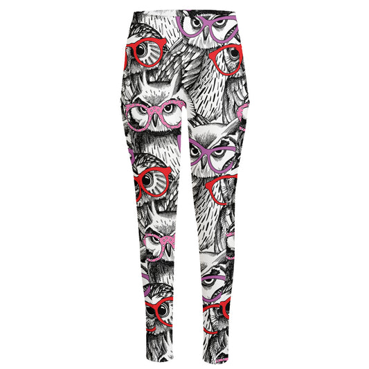 Owl With Glasses Pattern Print High-Waisted Pocket Leggings