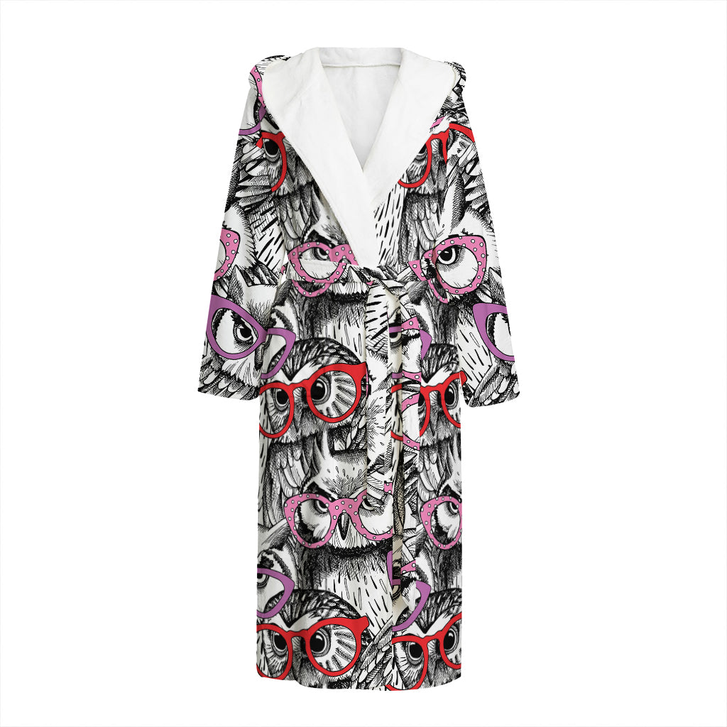 Owl With Glasses Pattern Print Hooded Bathrobe