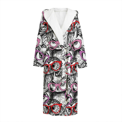 Owl With Glasses Pattern Print Hooded Bathrobe