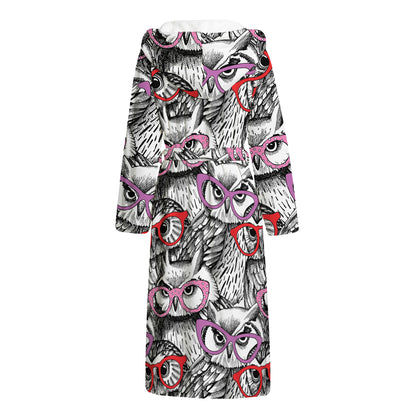 Owl With Glasses Pattern Print Hooded Bathrobe