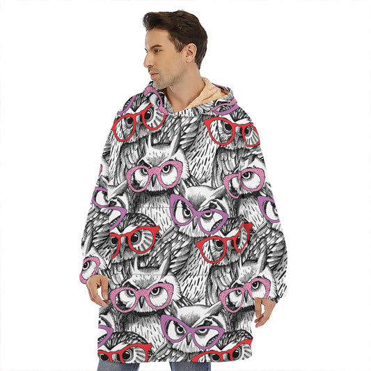Owl With Glasses Pattern Print Hoodie Blanket