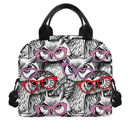 Owl With Glasses Pattern Print Insulated Lunch Bag