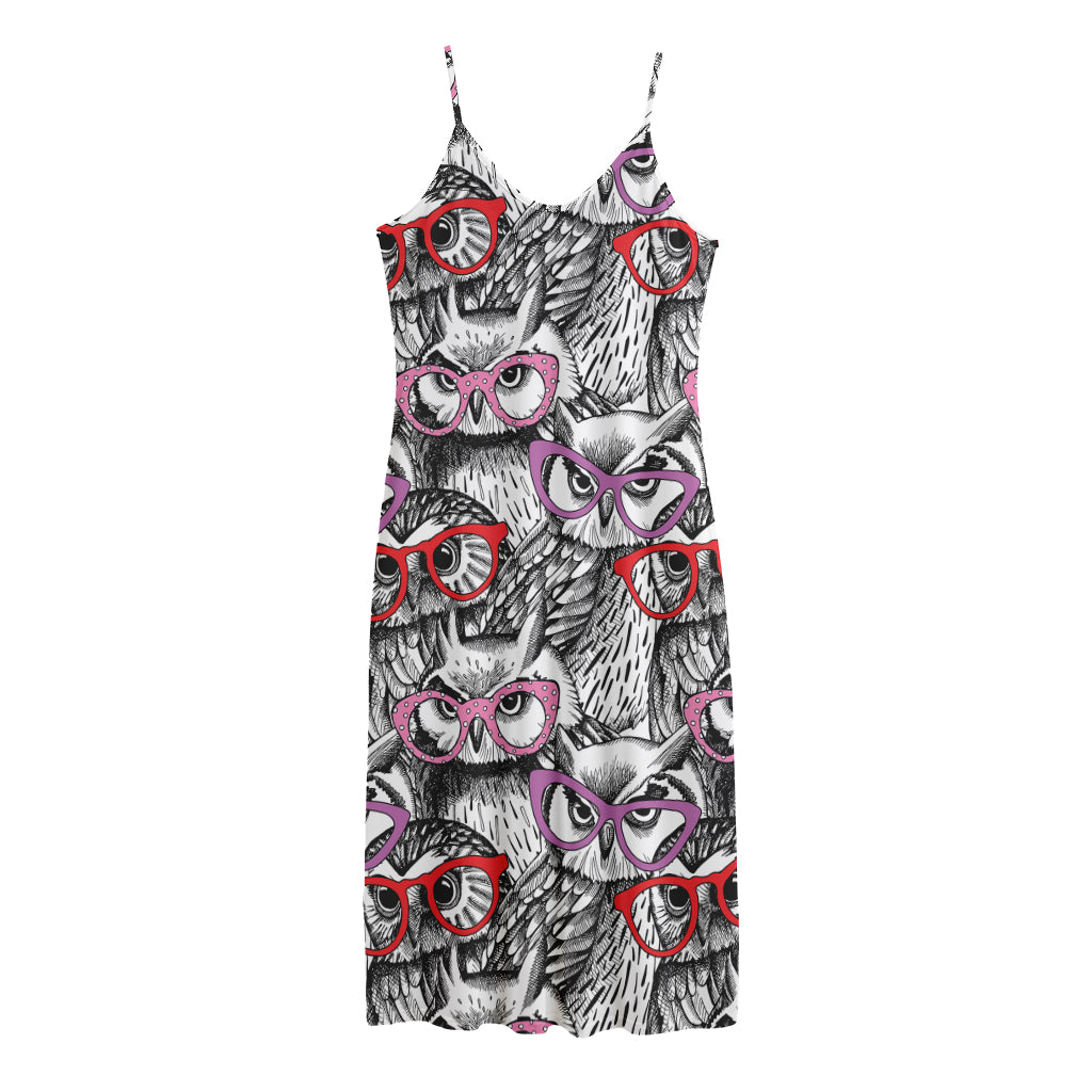 Owl With Glasses Pattern Print Jersey Midi Cami Dress