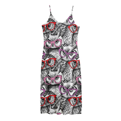Owl With Glasses Pattern Print Jersey Midi Cami Dress