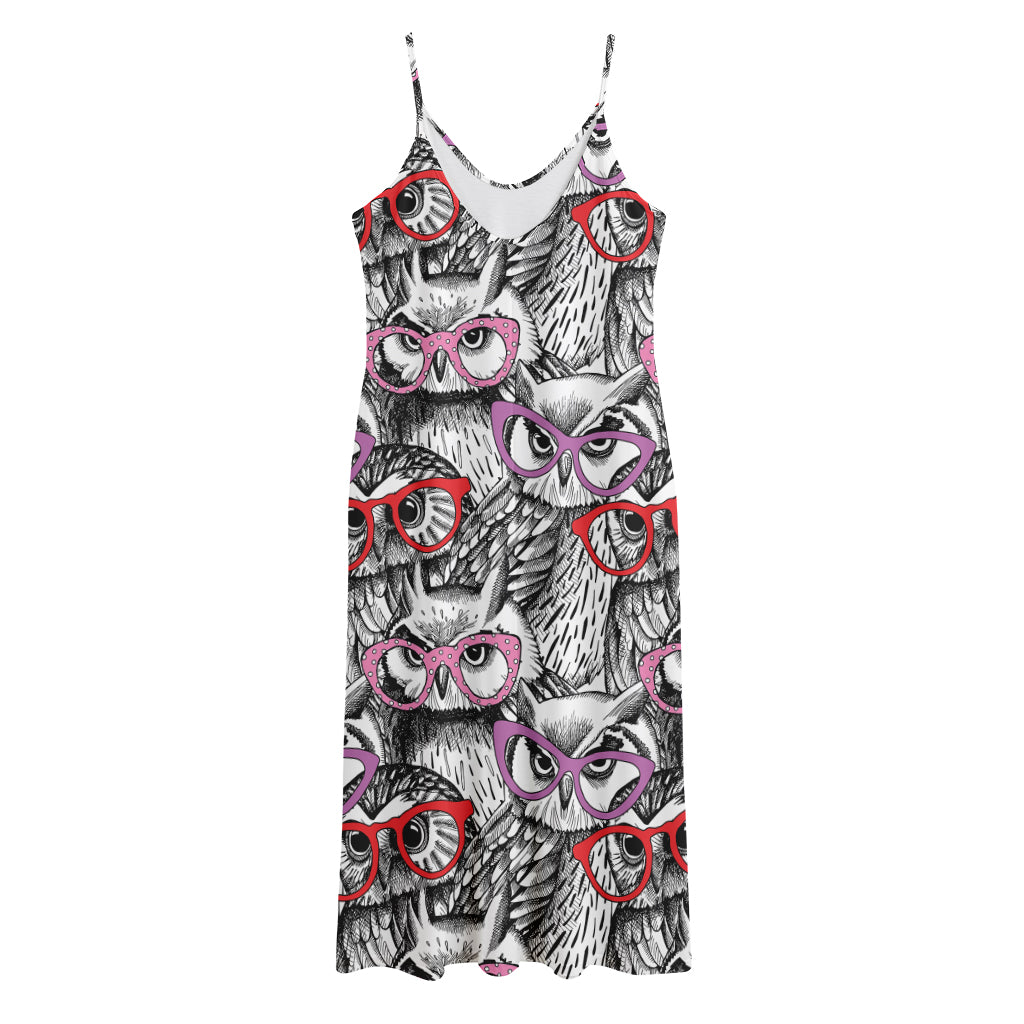 Owl With Glasses Pattern Print Jersey Midi Cami Dress
