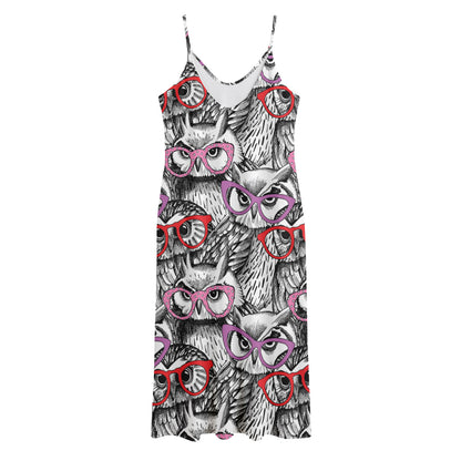 Owl With Glasses Pattern Print Jersey Midi Cami Dress