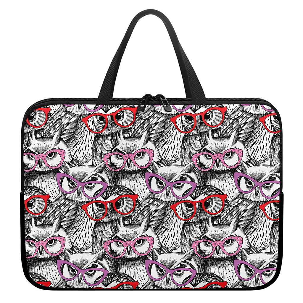 Owl With Glasses Pattern Print Laptop Sleeve With Handle