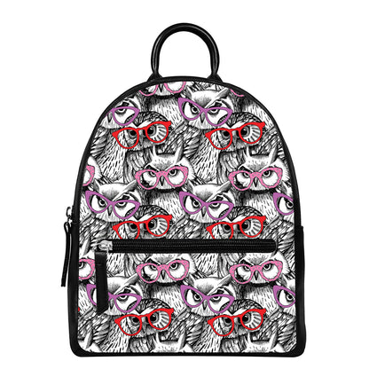 Owl With Glasses Pattern Print Leather Backpack