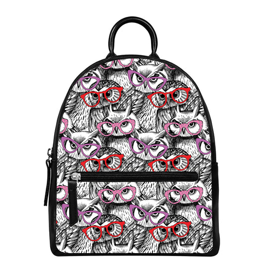 Owl With Glasses Pattern Print Leather Backpack