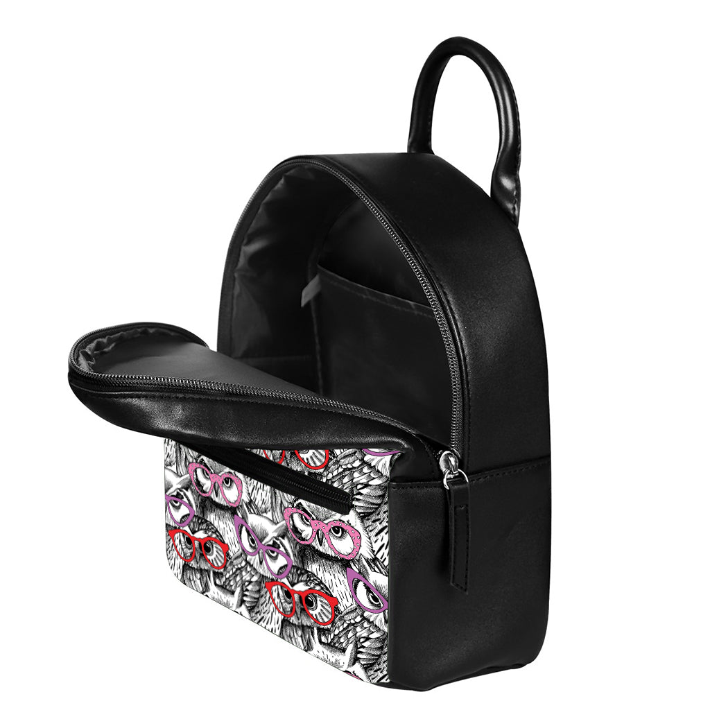 Owl With Glasses Pattern Print Leather Backpack