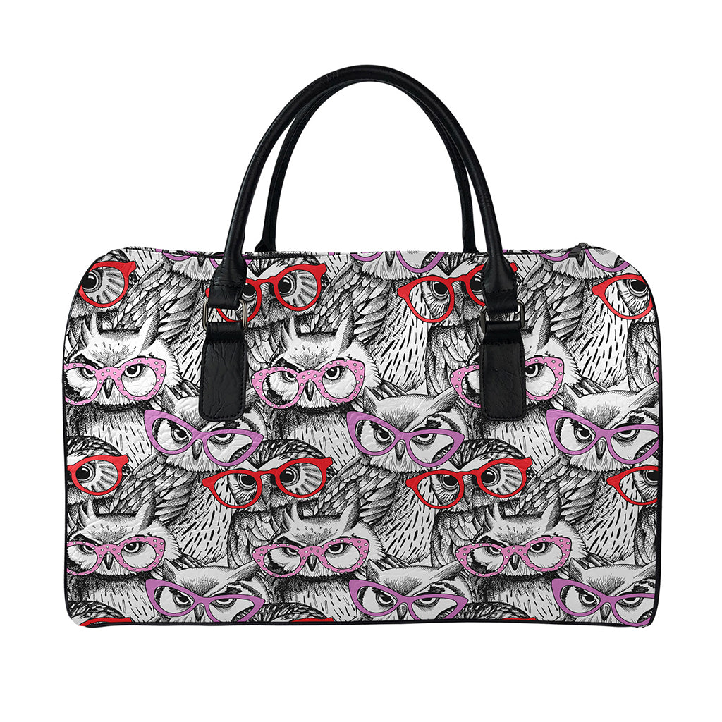 Owl With Glasses Pattern Print Leather Duffle Bag