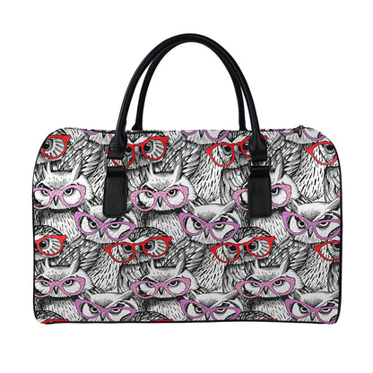 Owl With Glasses Pattern Print Leather Duffle Bag