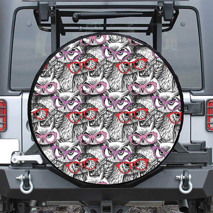 Owl With Glasses Pattern Print Leather Spare Tire Cover