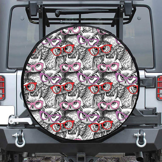 Owl With Glasses Pattern Print Leather Spare Tire Cover