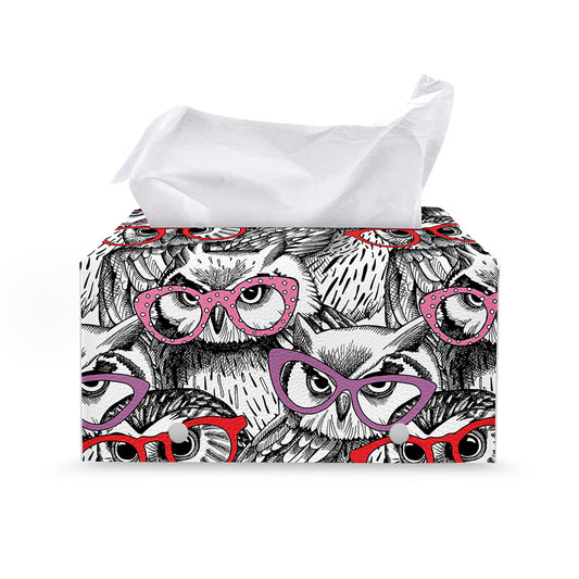Owl With Glasses Pattern Print Leather Tissue Box Cover