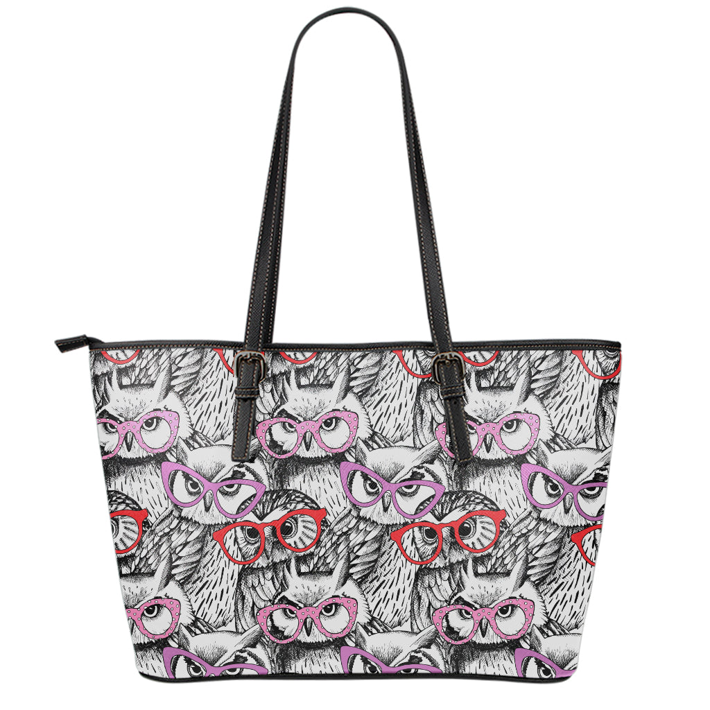 Owl With Glasses Pattern Print Leather Tote Bag