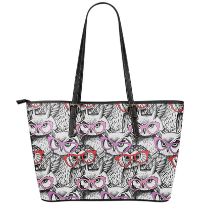 Owl With Glasses Pattern Print Leather Tote Bag