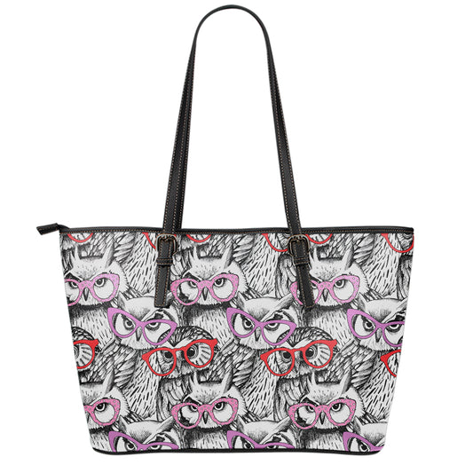 Owl With Glasses Pattern Print Leather Tote Bag