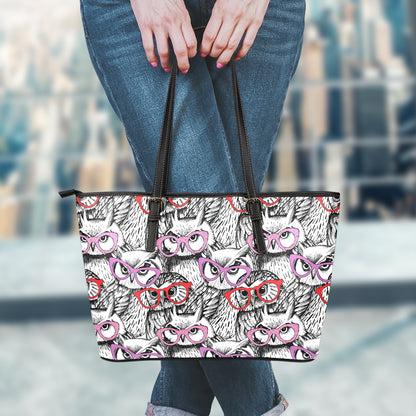 Owl With Glasses Pattern Print Leather Tote Bag