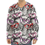 Owl With Glasses Pattern Print Long Sleeve Baseball Jersey