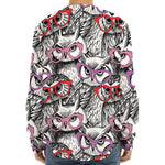 Owl With Glasses Pattern Print Long Sleeve Baseball Jersey