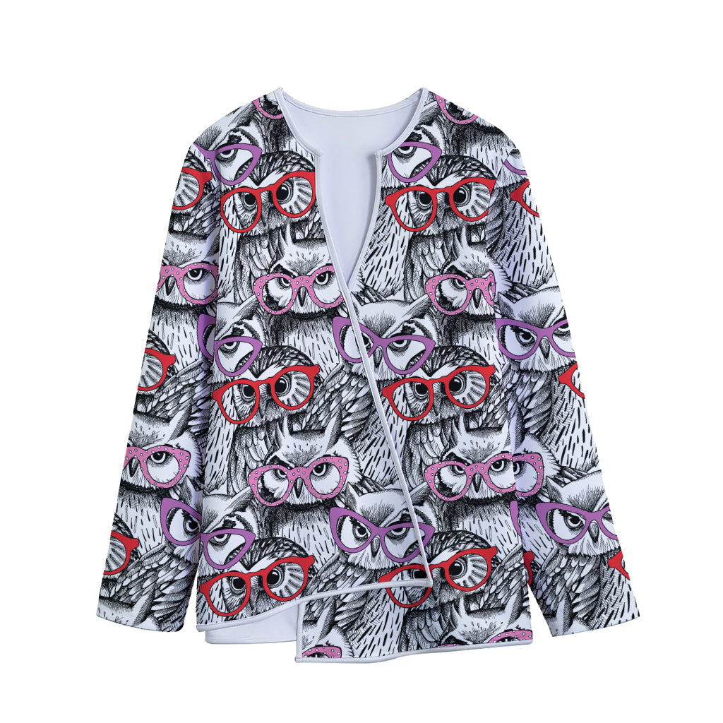 Owl With Glasses Pattern Print Long Sleeve Short Coat