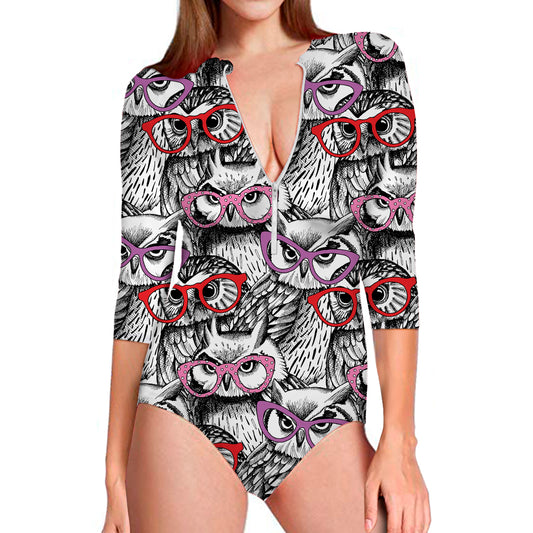 Owl With Glasses Pattern Print Long Sleeve Swimsuit